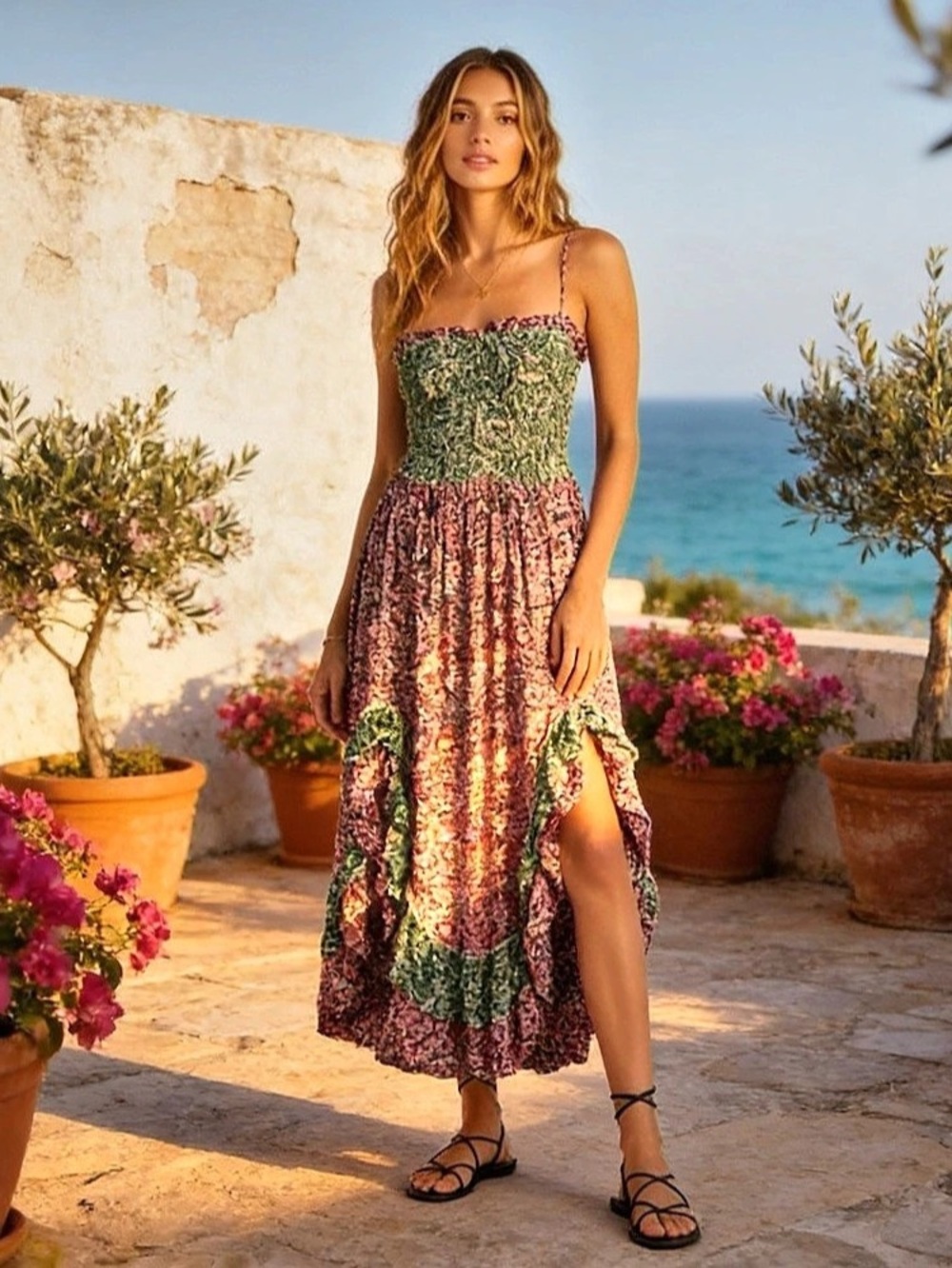 NWT Free People Floral Midi Smocked Cross Open Back Dress Pink &